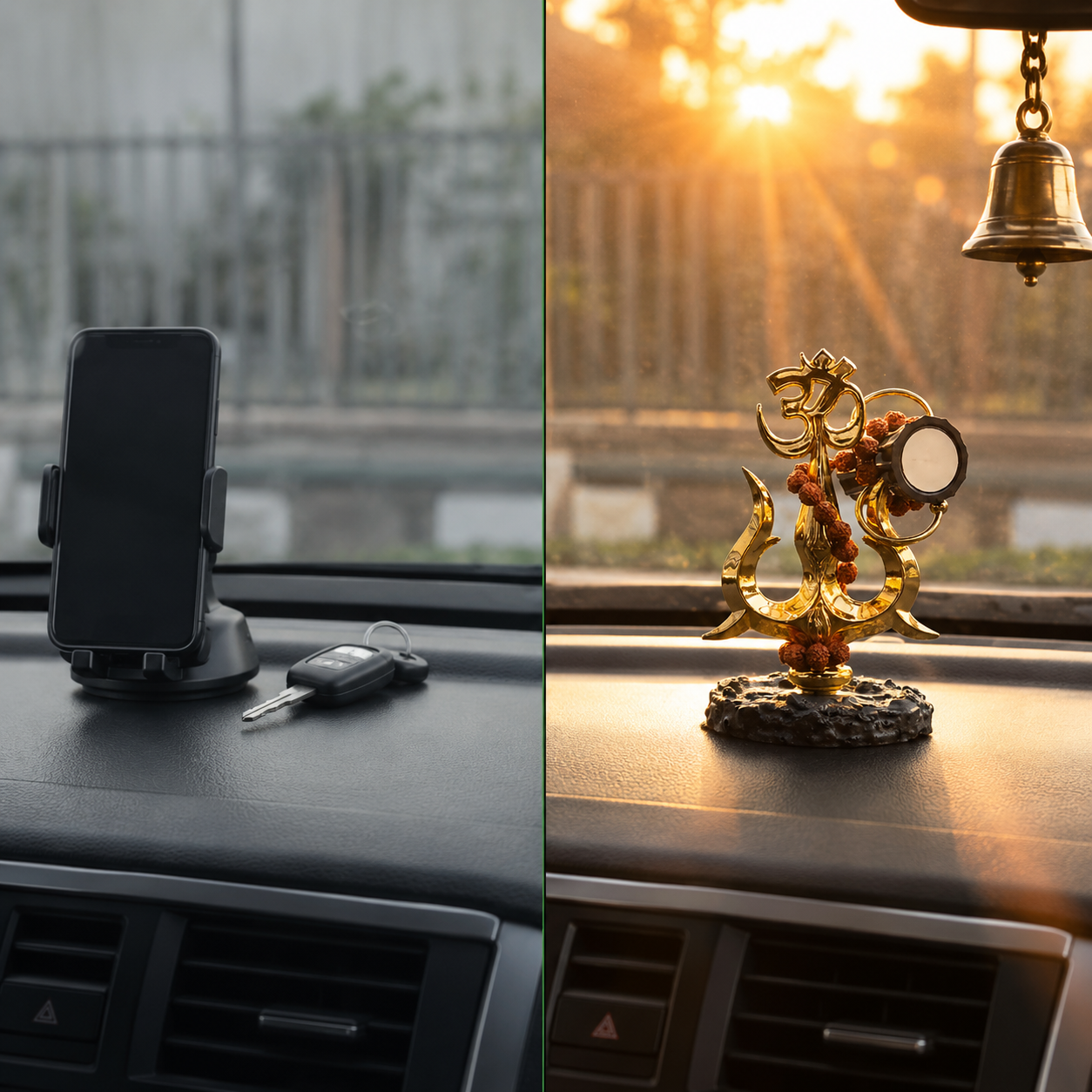 The Trishul idol being blessed with tilak on a wooden puja platform with brass diya, marigold petals, kalash and rudraksha mala, warm devotional light