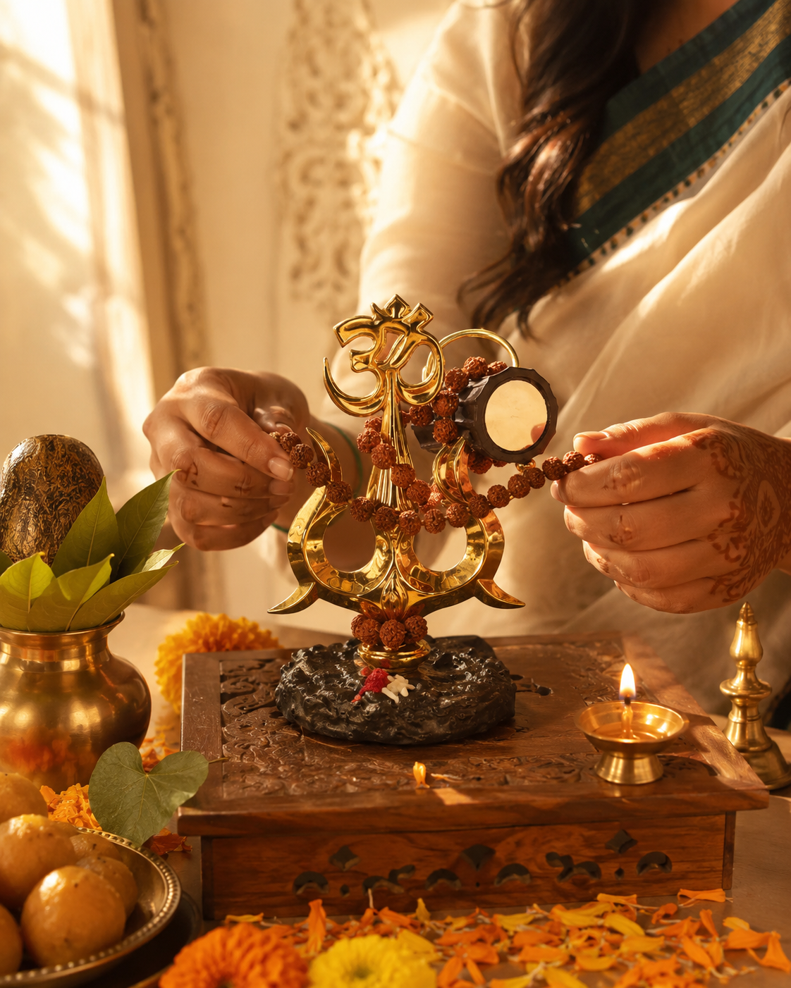 A woman's hand gently placing the Trishul idol on a modern car dashboard with a transparent anti-slip pad and car keys nearby, warm morning light through the windshield