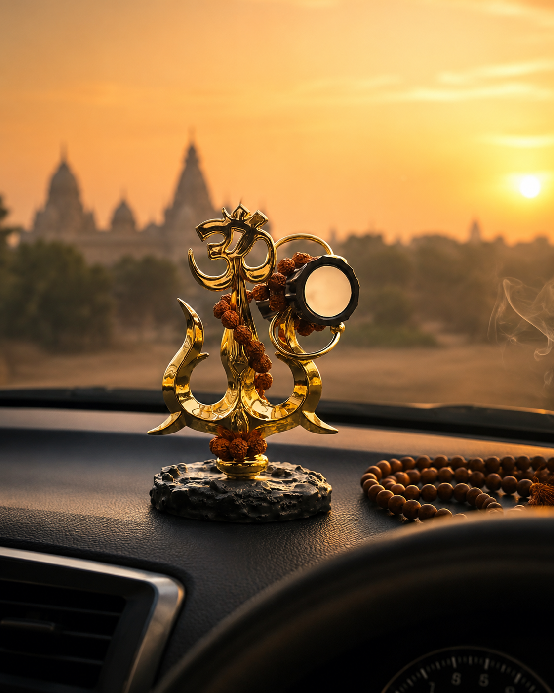 Two open hands cradling the Trishul idol at chest level against a neutral cream background, showing its real compact size