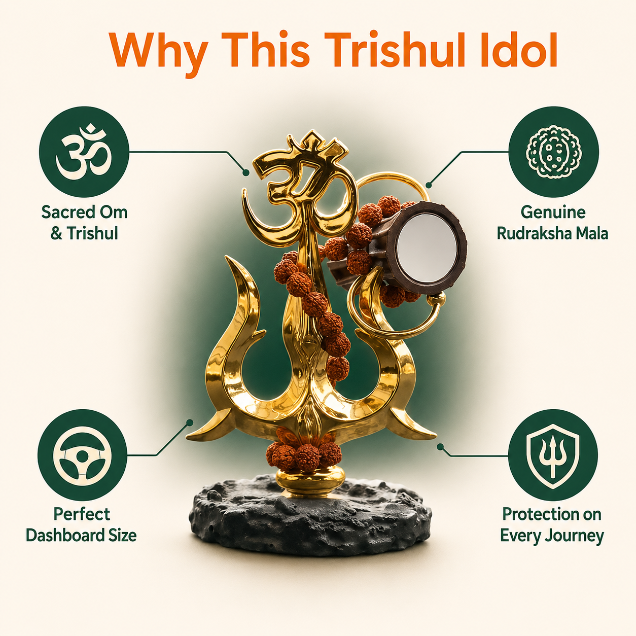 Trishul idol presented in a premium open gift box with cream satin lining, deep green ribbon, marigold sprig, rudraksha mala and car keys — a thoughtful gift for a driver