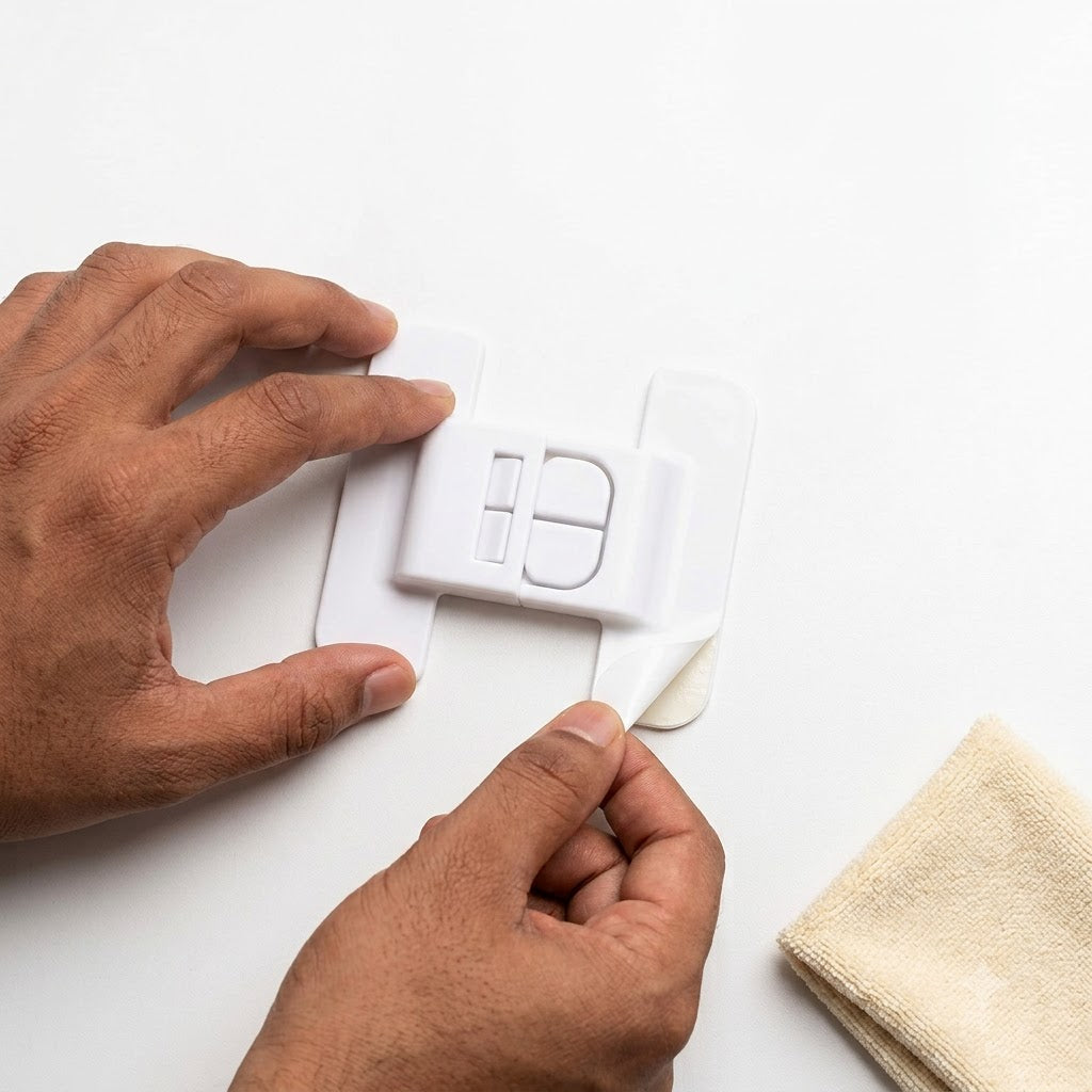 Hands peeling the adhesive backing and installing SafeLock Pro on a cabinet