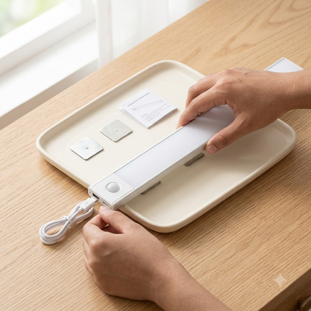 Hands mounting the lamp without tools and plugging in the USB charging cable