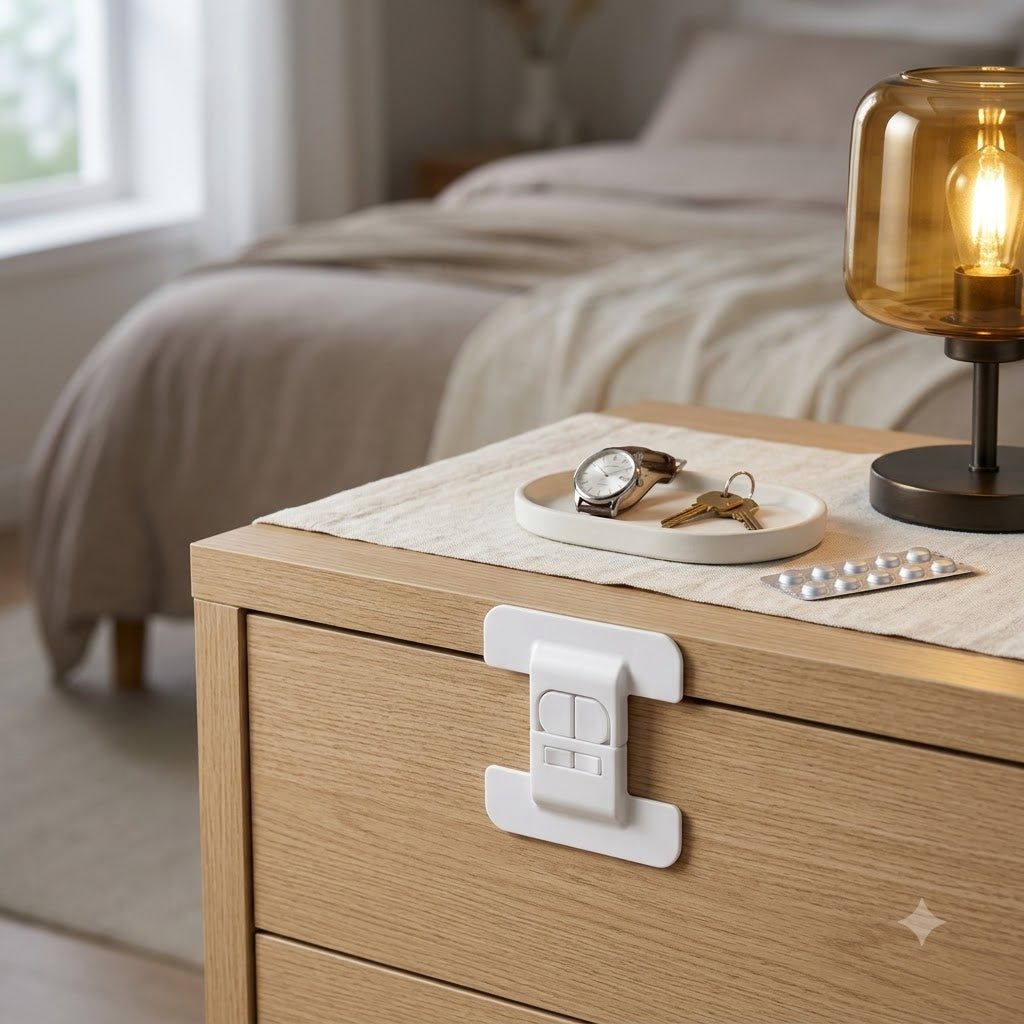 SafeLock Pro securing a wardrobe drawer with medicines and documents