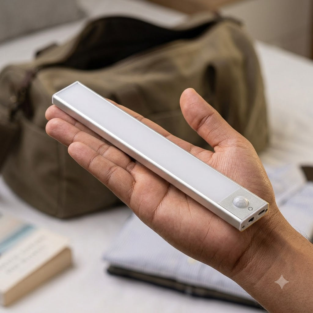 Palm-sized portable lamp held in hand next to a packed travel bag
