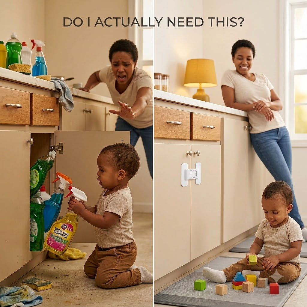Before and after: open cabinet danger versus locked cabinet with toddler playing safely
