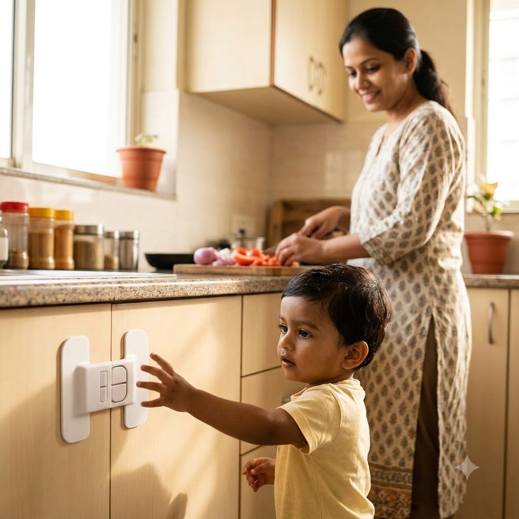 Toddler reaching for a kitchen cabinet held shut by SafeLock Pro