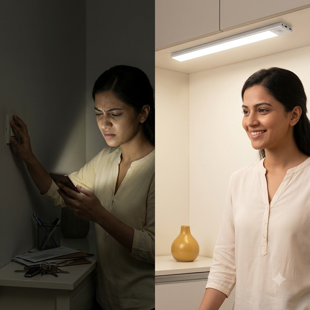 Before and after: fumbling for a switch in the dark versus the lamp glowing on automatically