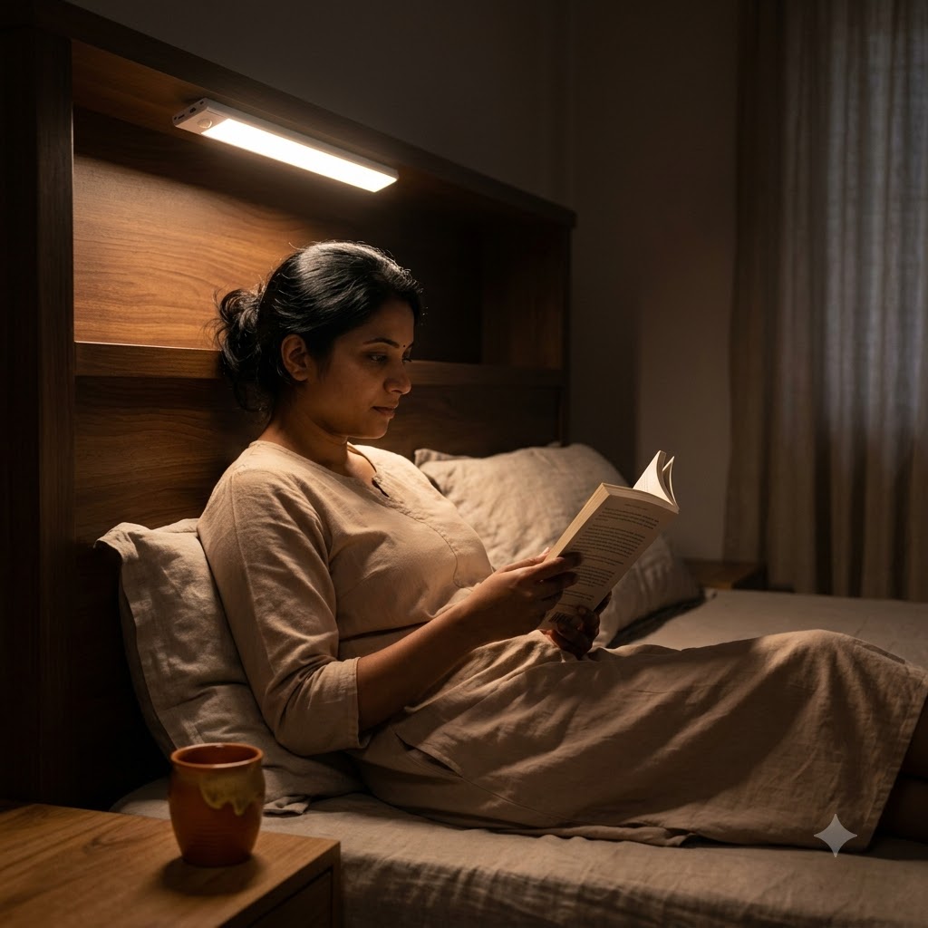Woman reading in bed at night with the portable lamp, partner undisturbed