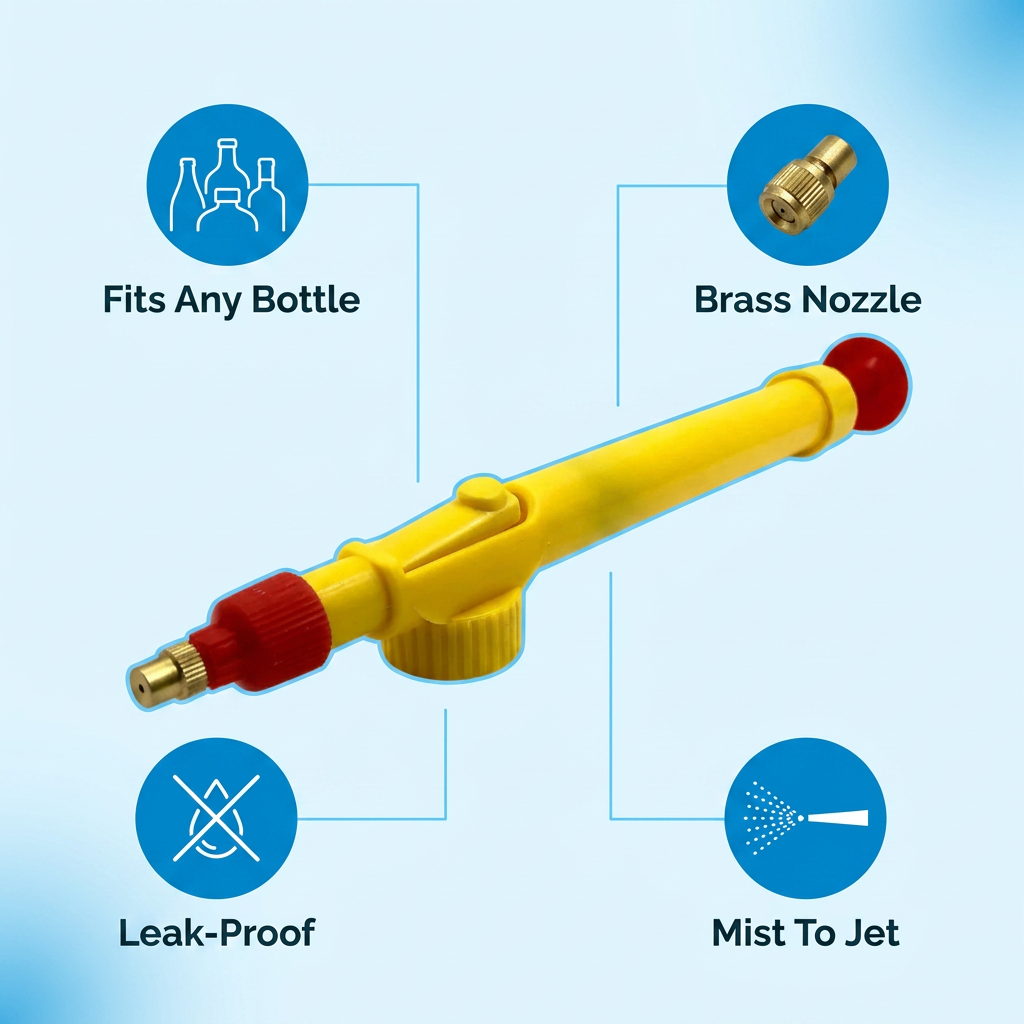 Feature breakdown: fits any bottle, brass nozzle, mist to jet, leak-proof