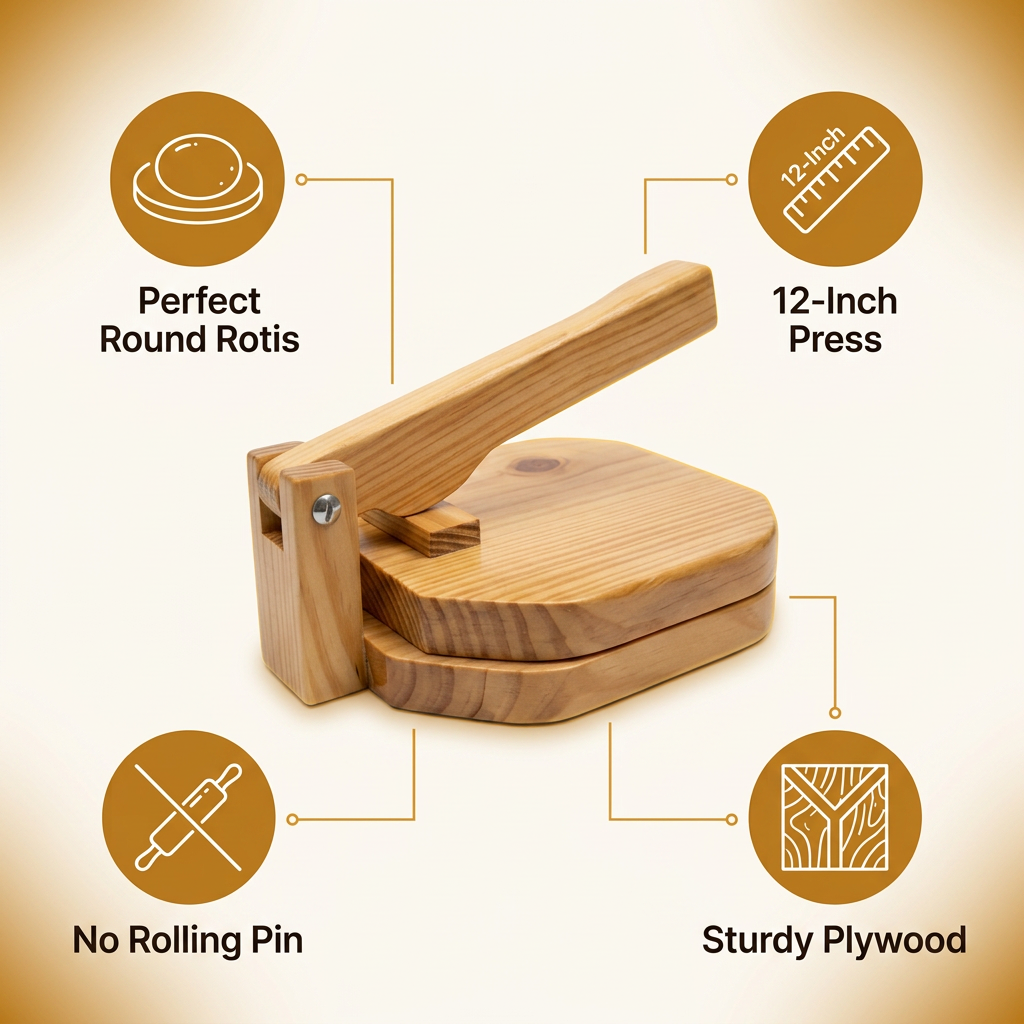 Feature breakdown: perfect round rotis, 12-inch press, no rolling pin, sturdy plywood
