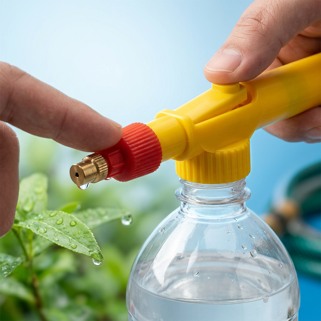 Close-up of the brass nozzle and universal bottle fit
