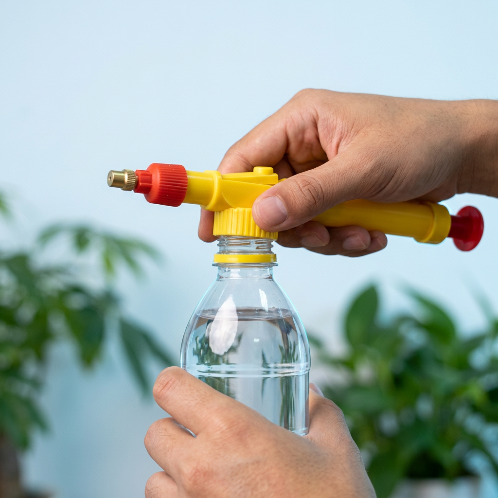 Twisting the sprayer head onto a plastic bottle