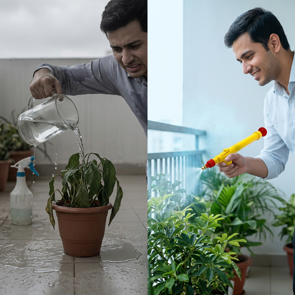 Before and after: messy pouring versus an even fine mist