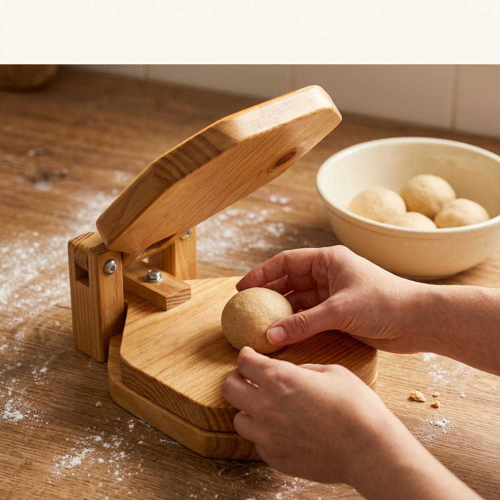 12-inch press shown beside a round roti for scale and build quality