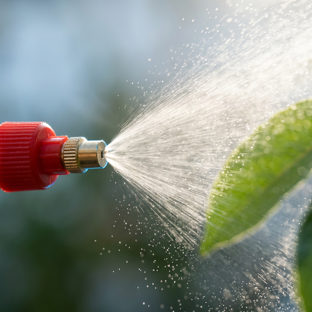 Adjustable brass nozzle releasing a fine water mist
