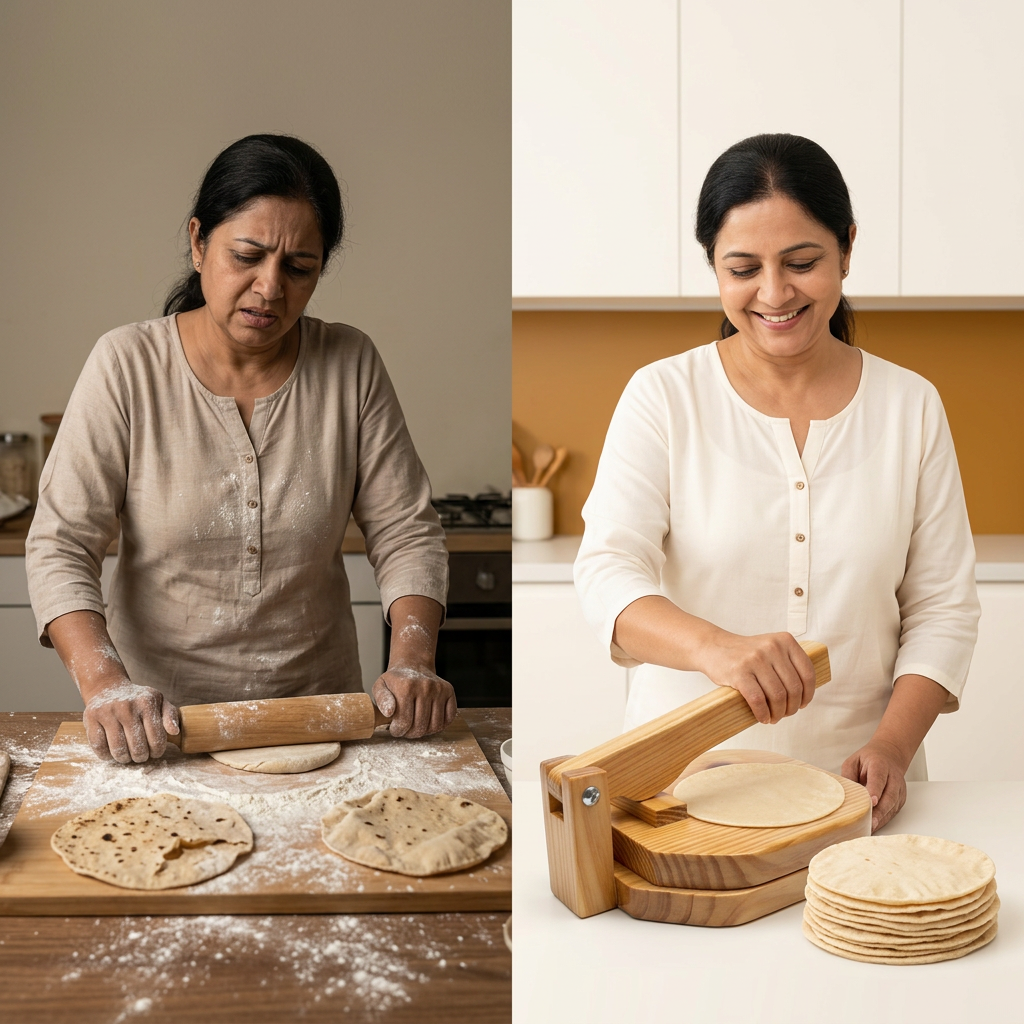 Before and after: struggling with a rolling pin versus an easy press