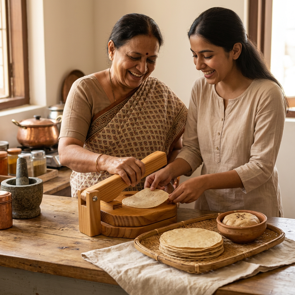 Pressing rotis effortlessly in a home kitchen