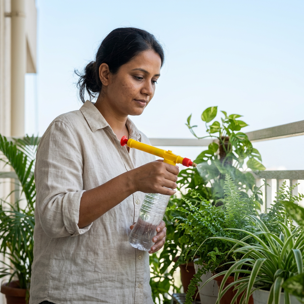 Misting healthy green plants on a bright balcony